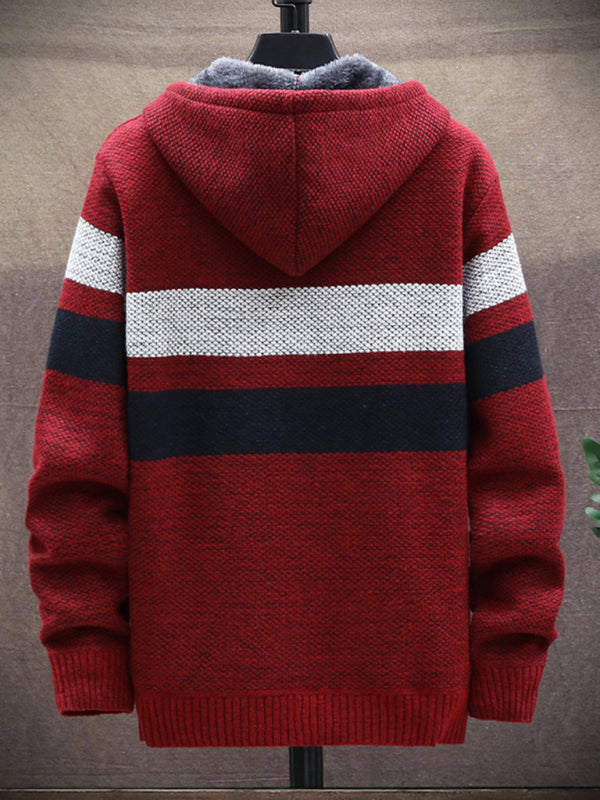 Men’s Color Block Faux Fur Lining Zip Front Hooded Drawstring Hood Sweatshirt Jacket