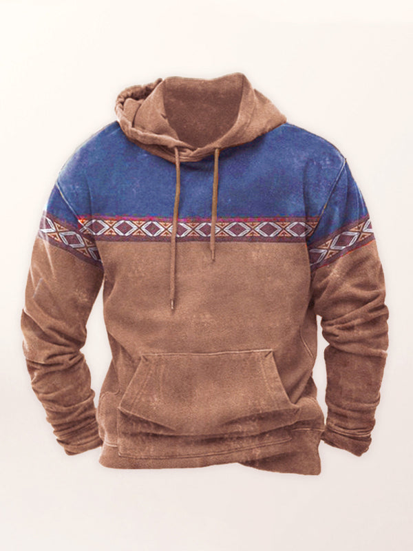 Men’s Bold Patterns Long Sleeve Drawstring Hood Kangaroo Pocket At Front Hooded Sweater Top