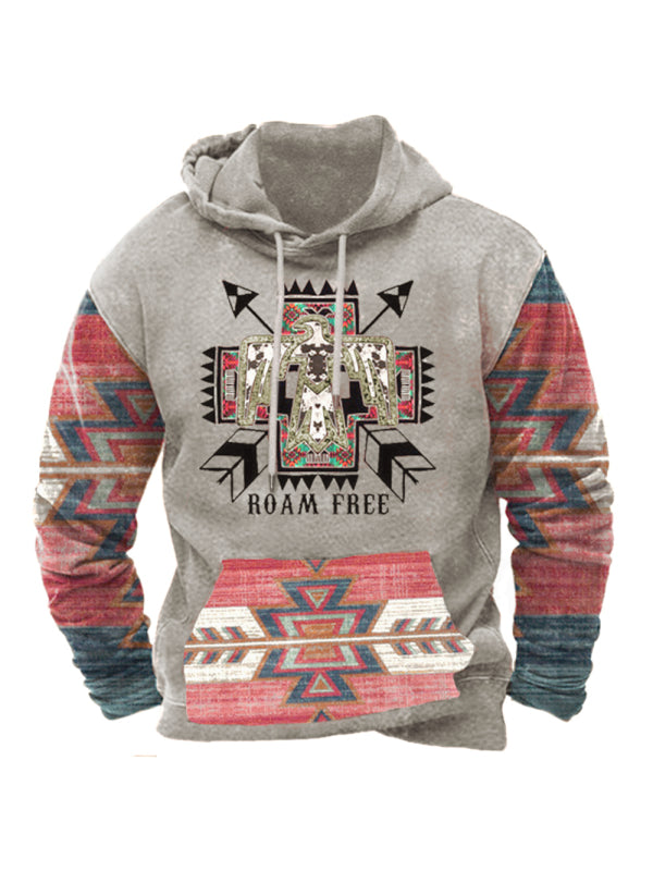 Men’s Bold Patterns Long Sleeve Drawstring Hood Kangaroo Pocket At Front Hooded Sweater Top