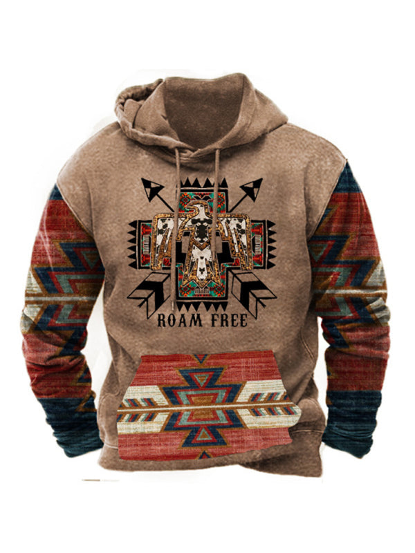 Men’s Bold Patterns Long Sleeve Drawstring Hood Kangaroo Pocket At Front Hooded Sweater Top