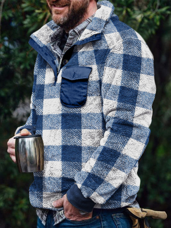 Men's plaid print plush long-sleeved sweatshirt