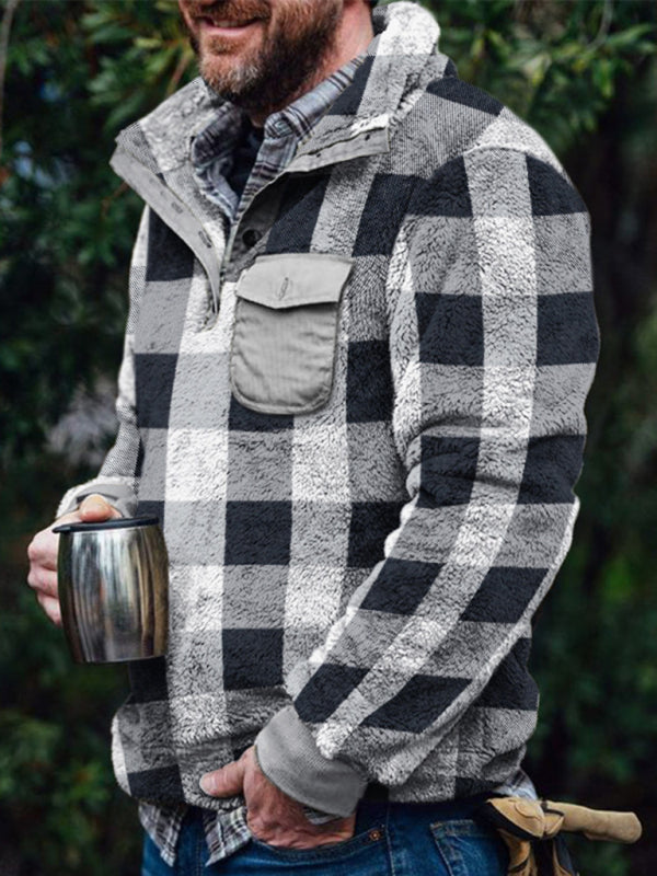 Men's plaid print plush long-sleeved sweatshirt