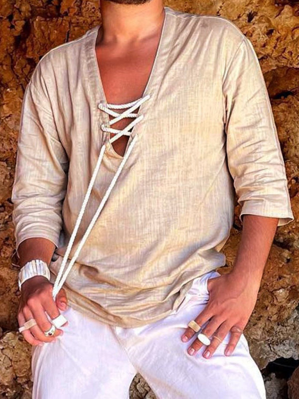 Camisa de manga tres cuartos de color sólido con cuello en V informal tejida para hombre 