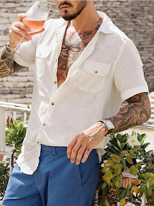 Camisa casual tejida de manga corta con dos bolsillos para hombre 