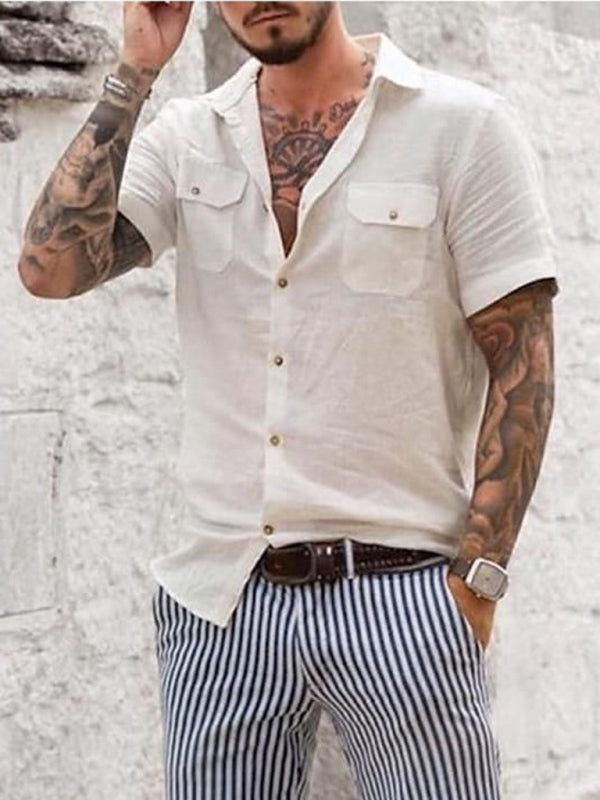 Camisa casual tejida de manga corta con dos bolsillos para hombre 