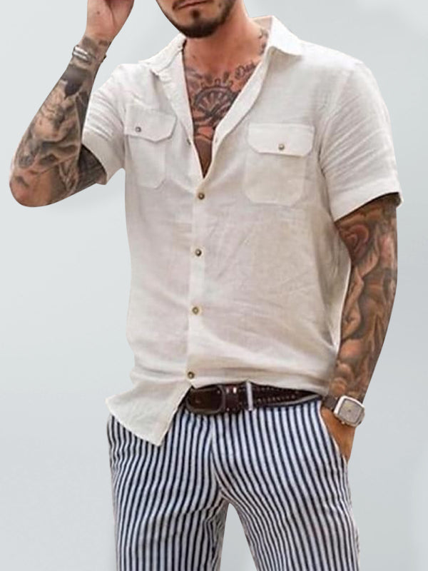 Camisa casual tejida de manga corta con dos bolsillos para hombre 