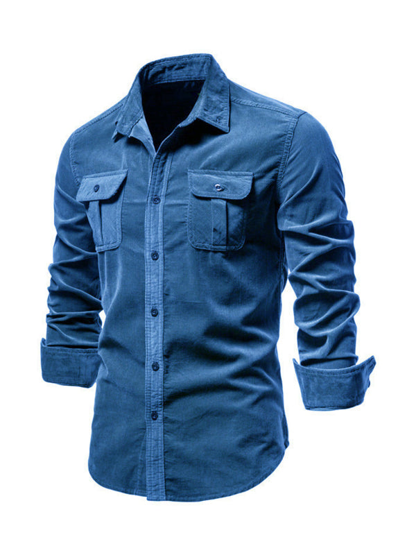 Camisa casual de manga larga slim fit de pana para hombre 