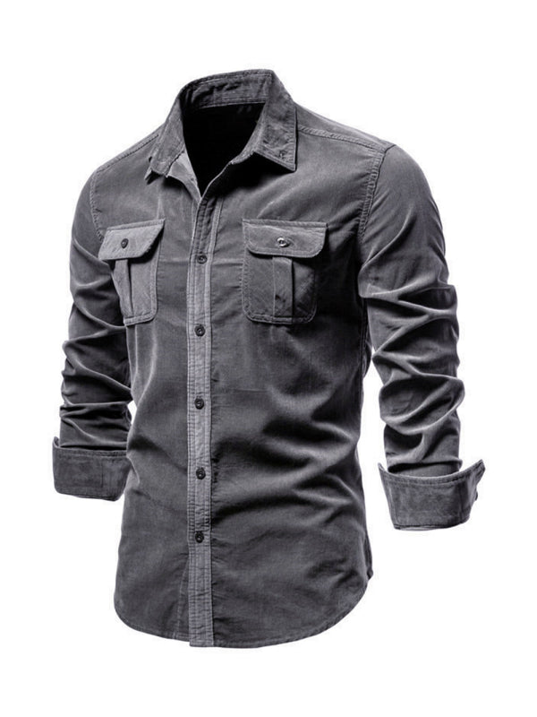 Camisa casual de manga larga slim fit de pana para hombre 
