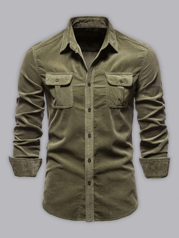 Camisa casual de manga larga slim fit de pana para hombre 