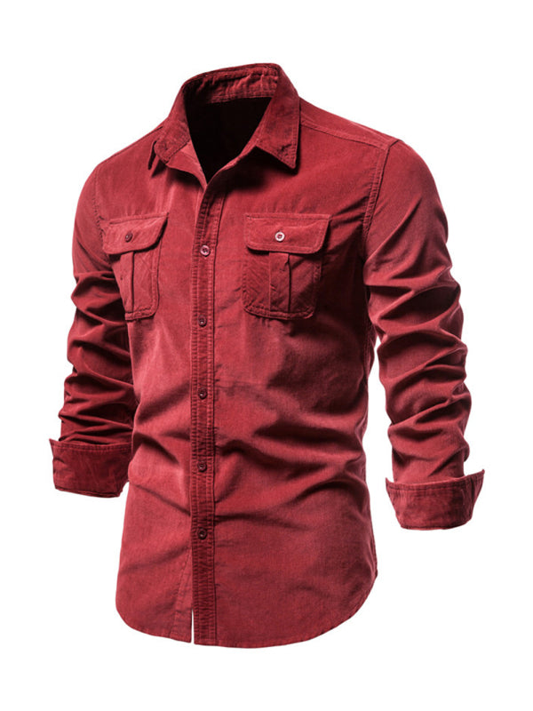 Camisa casual de manga larga slim fit de pana para hombre 