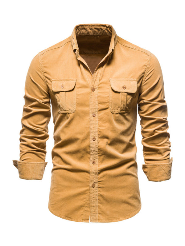 Camisa casual de manga larga slim fit de pana para hombre 