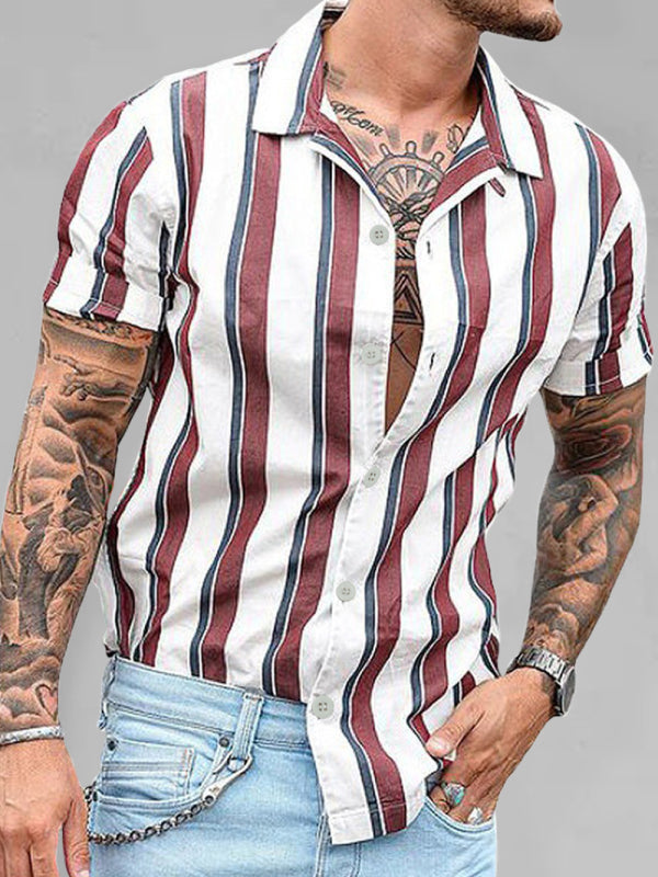 Cárdigan casual de camisa de solapa de manga corta para jóvenes de algodón con solapa ajustada a rayas 