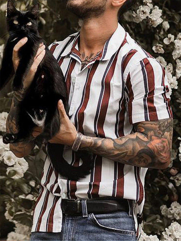 Cárdigan casual de camisa de solapa de manga corta para jóvenes de algodón con solapa ajustada a rayas 