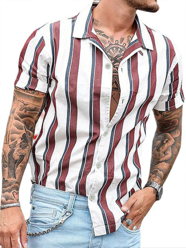 Cárdigan casual de camisa de solapa de manga corta para jóvenes de algodón con solapa ajustada a rayas 