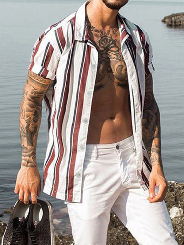 Cárdigan casual de camisa de solapa de manga corta para jóvenes de algodón con solapa ajustada a rayas 