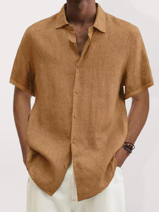 Men's Solid Color Linen Short Sleeve Button-down Shirt