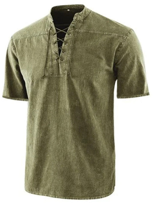 Men's Solid Color Lace Up Woven Short Sleeve Top
