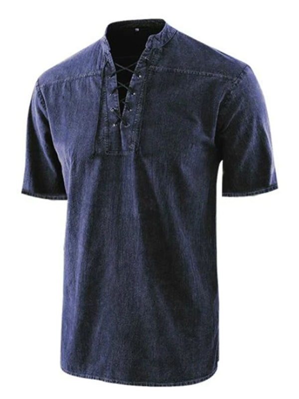 Camiseta de manga corta tejida con cordones de color liso para hombre 
