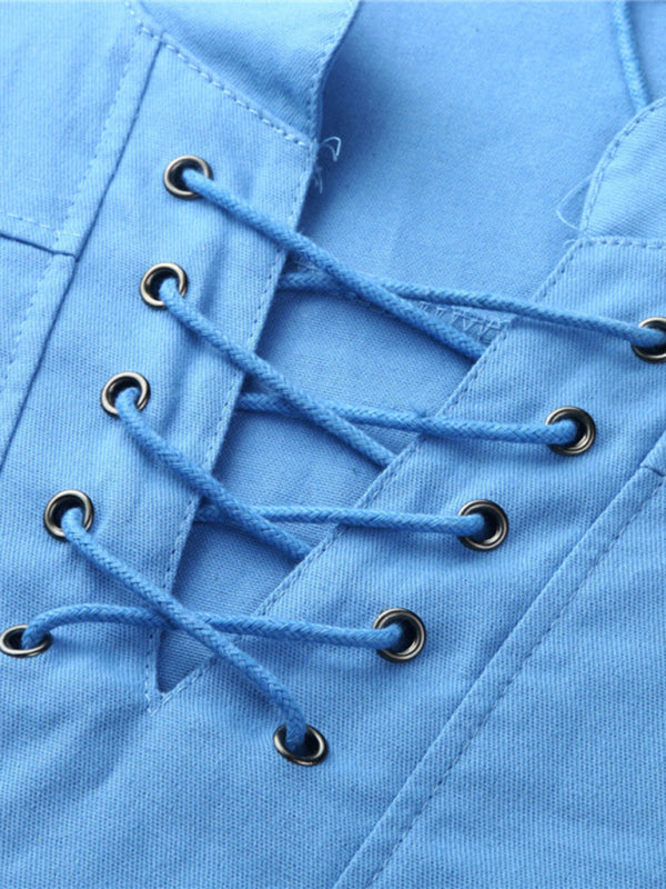 Suéter acanalado con cordones de manga larga de color sólido para hombre 