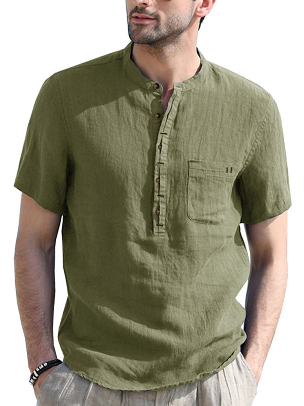 Camisa de verano de manga corta de lino de color liso para hombre 