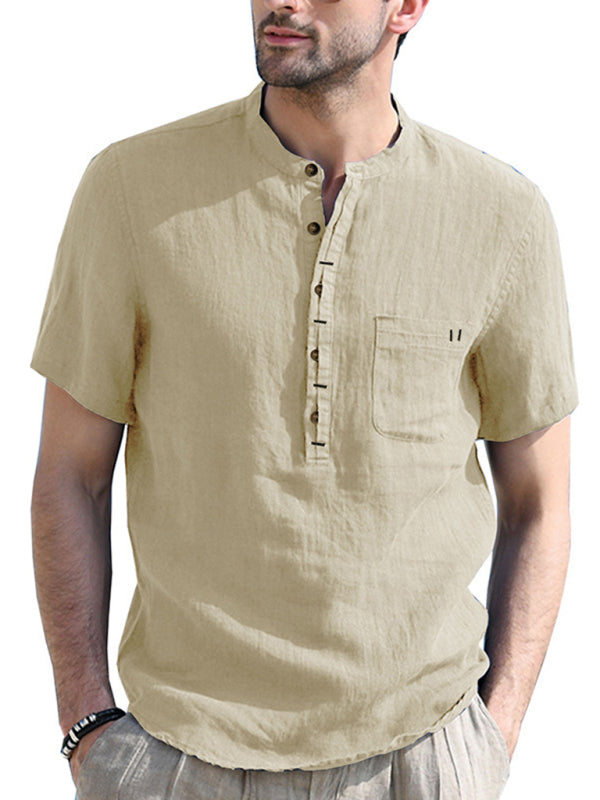 Camisa de verano de manga corta de lino de color liso para hombre 