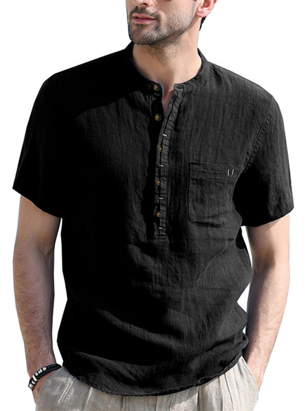 Camisa de verano de manga corta de lino de color liso para hombre 