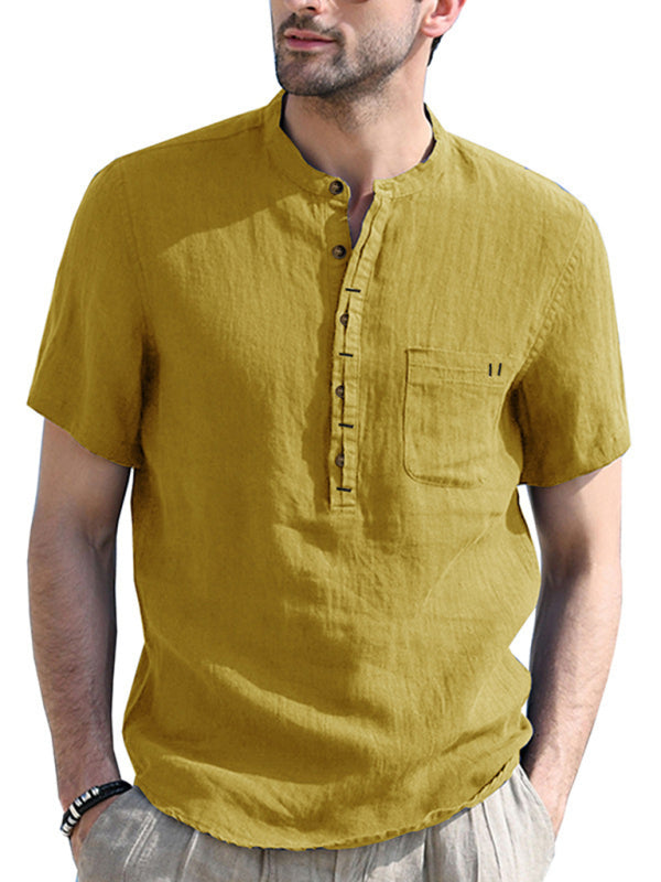 Camisa de verano de manga corta de lino de color liso para hombre 