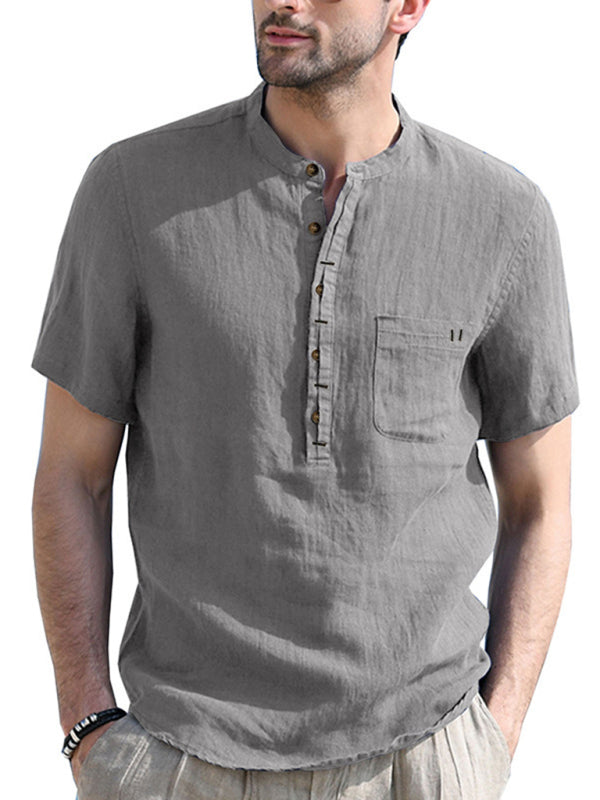 Camisa de verano de manga corta de lino de color liso para hombre 