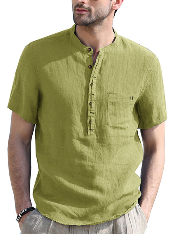 Camisa de verano de manga corta de lino de color liso para hombre 
