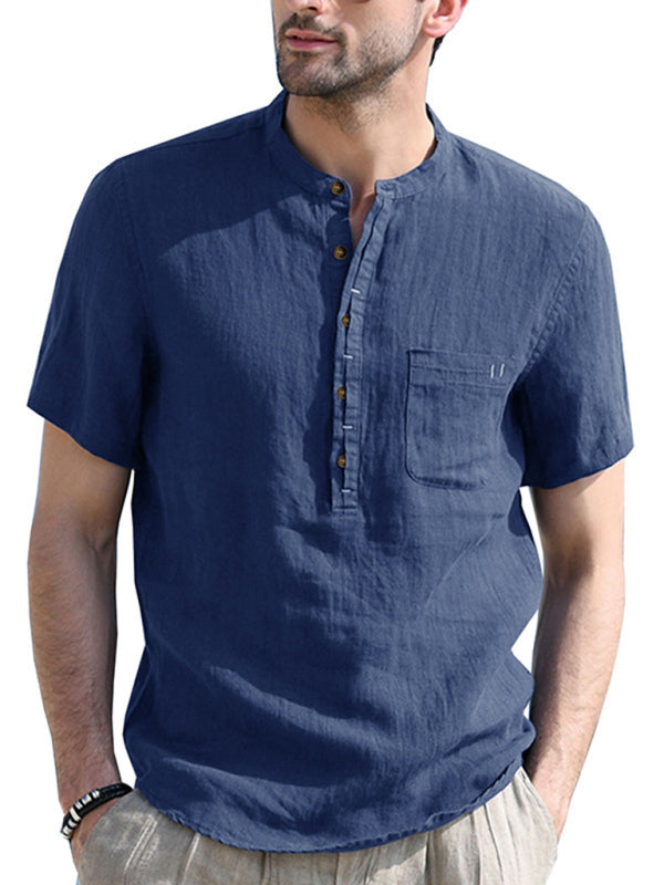 Camisa de verano de manga corta de lino de color liso para hombre 