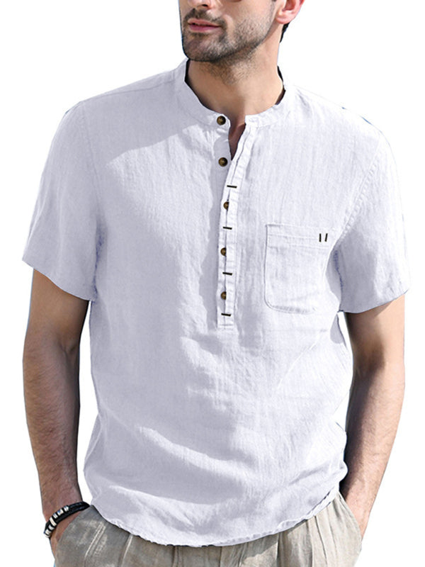Camisa de verano de manga corta de lino de color liso para hombre 