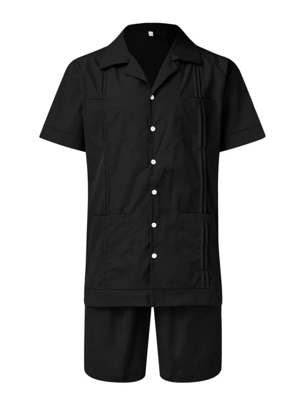 Conjunto de camisa de hombre casual suelta de lino de pantalones cortos de manga corta de deportes simples 