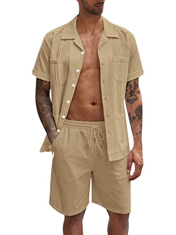 Conjunto de camisa de hombre casual suelta de lino de pantalones cortos de manga corta de deportes simples 
