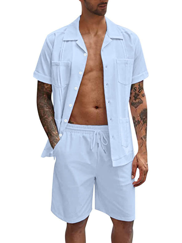 Conjunto de camisa de hombre casual suelta de lino de pantalones cortos de manga corta de deportes simples 