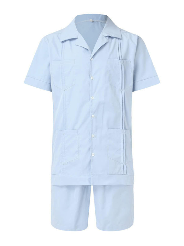 Conjunto de camisa de hombre casual suelta de lino de pantalones cortos de manga corta de deportes simples 
