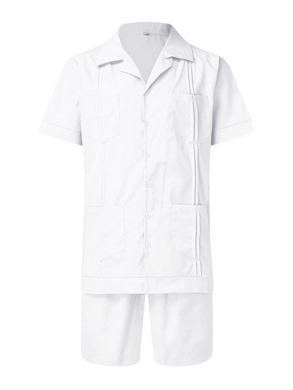 Conjunto de camisa de hombre casual suelta de lino de pantalones cortos de manga corta de deportes simples 
