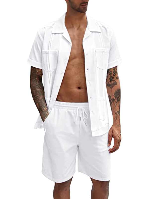 Conjunto de camisa de hombre casual suelta de lino de pantalones cortos de manga corta de deportes simples 
