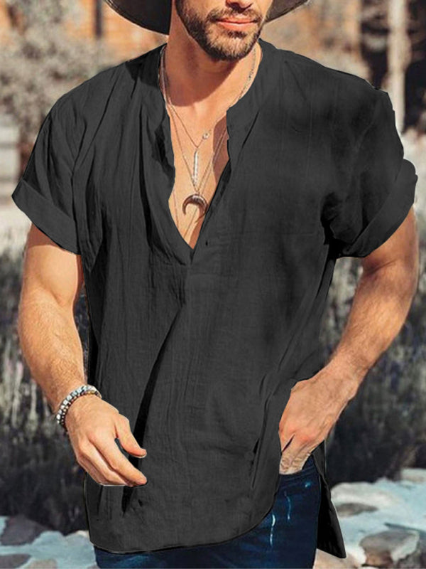 Camisa de lino y algodón sencilla de manga corta con cuello redondo y color liso de verano para hombre 