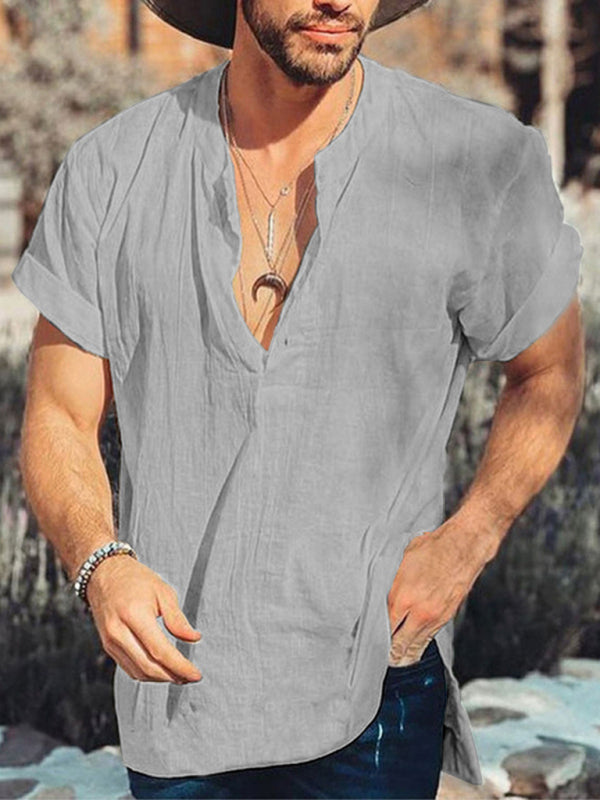 Camisa de lino y algodón sencilla de manga corta con cuello redondo y color liso de verano para hombre 