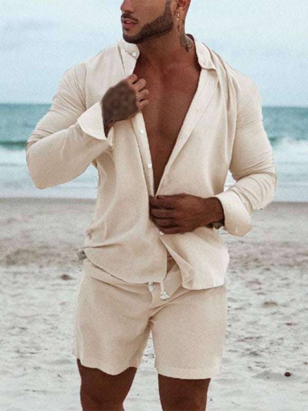 Traje informal de algodón y lino para hombre, servicio a domicilio, pantalones cortos sueltos de manga larga, conjunto de dos piezas 