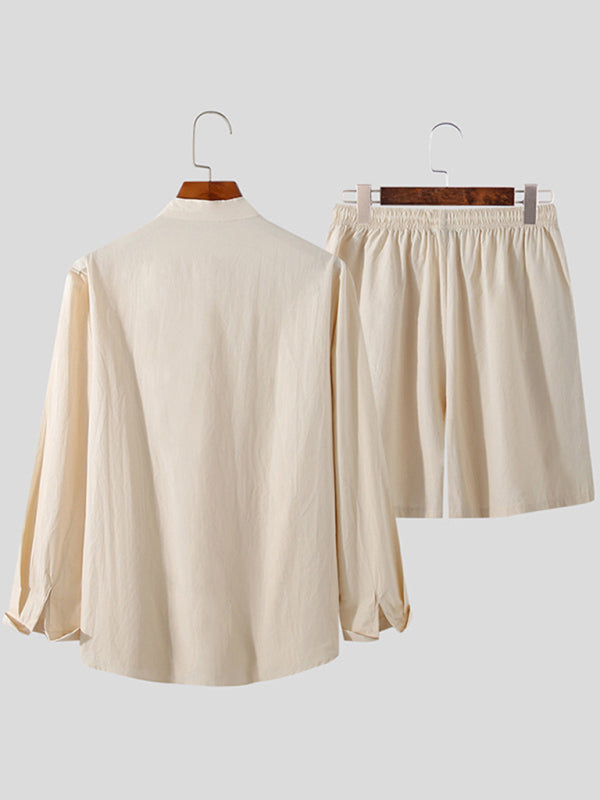Traje informal de algodón y lino para hombre, servicio a domicilio, pantalones cortos sueltos de manga larga, conjunto de dos piezas 