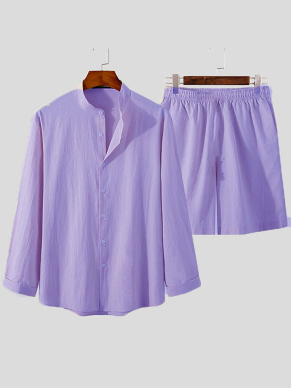 Traje informal de algodón y lino para hombre, servicio a domicilio, pantalones cortos sueltos de manga larga, conjunto de dos piezas 