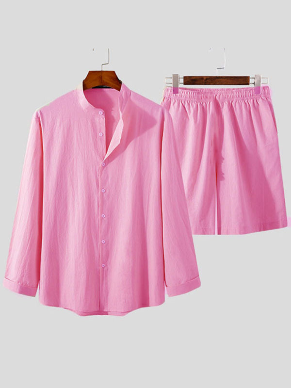 Traje informal de algodón y lino para hombre, servicio a domicilio, pantalones cortos sueltos de manga larga, conjunto de dos piezas 