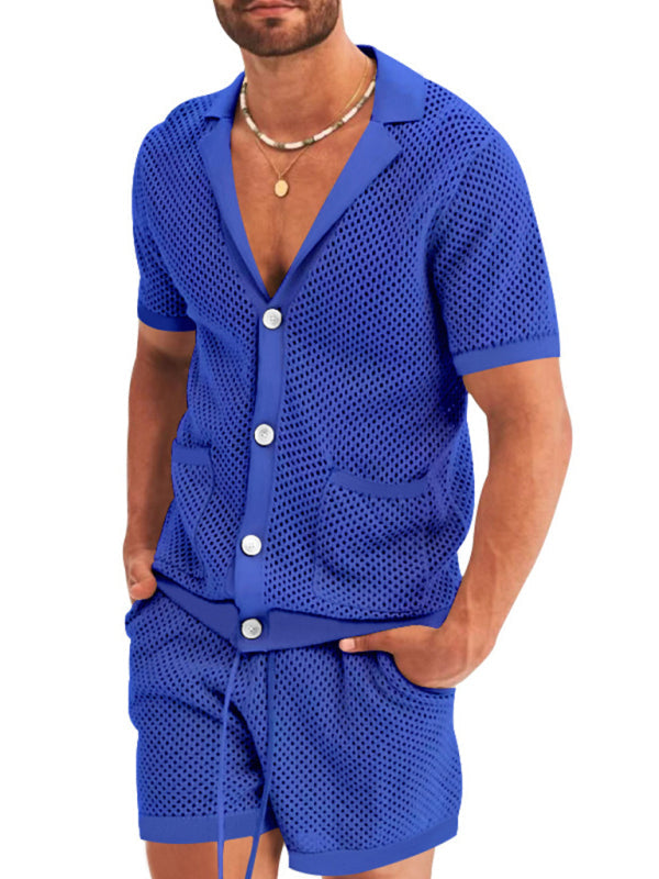 Pantalón corto de manga corta Cárdigan de punto con solapa Traje de hombre de manga corta 