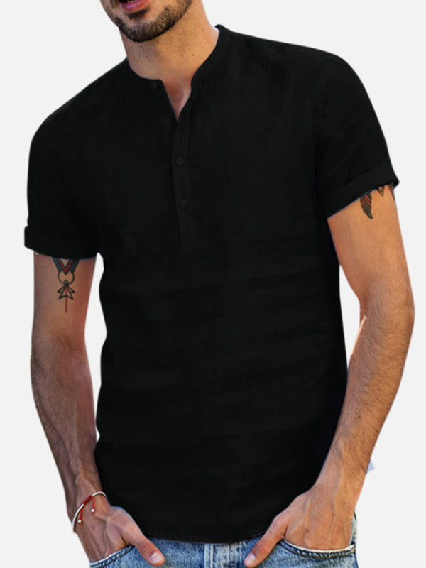 Camisa de lino y algodón con cuello alto y manga corta con escote en V para hombre 