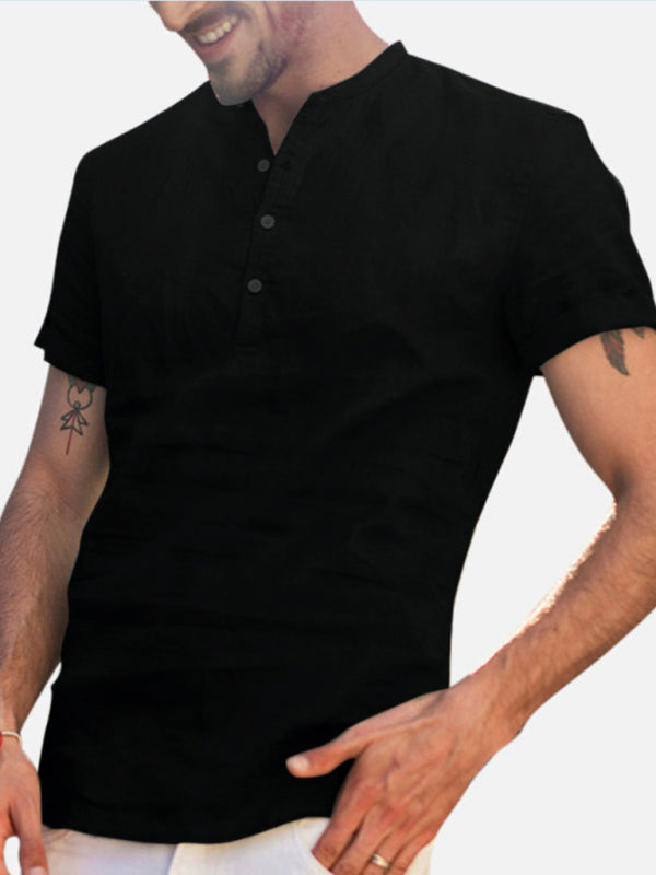 Camisa de lino y algodón con cuello alto y manga corta con escote en V para hombre 