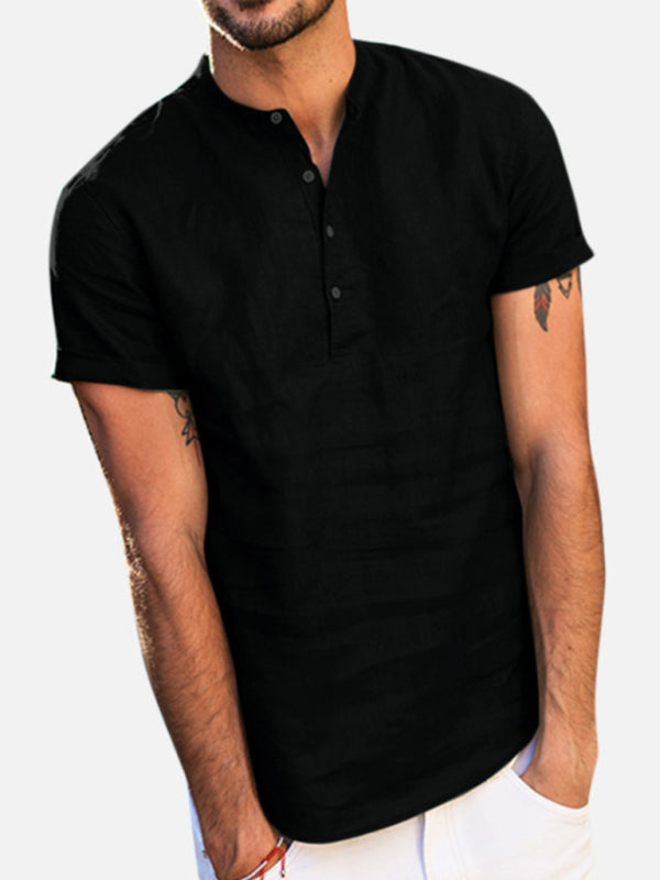 Camisa de lino y algodón con cuello alto y manga corta con escote en V para hombre 