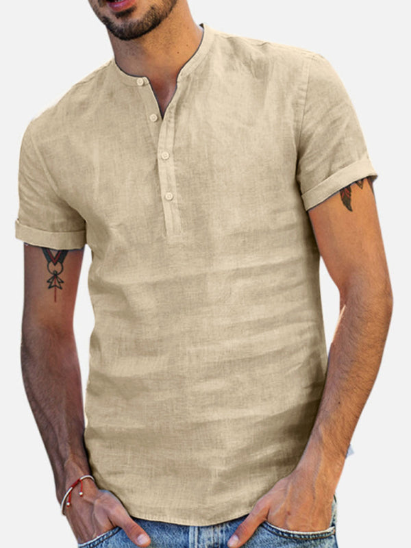 Camisa de lino y algodón con cuello alto y manga corta con escote en V para hombre 