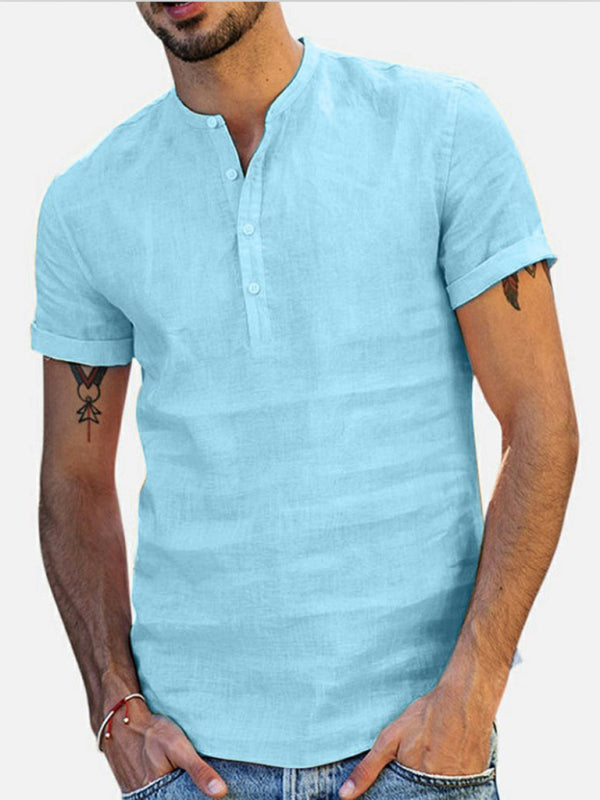 Camisa de lino y algodón con cuello alto y manga corta con escote en V para hombre 