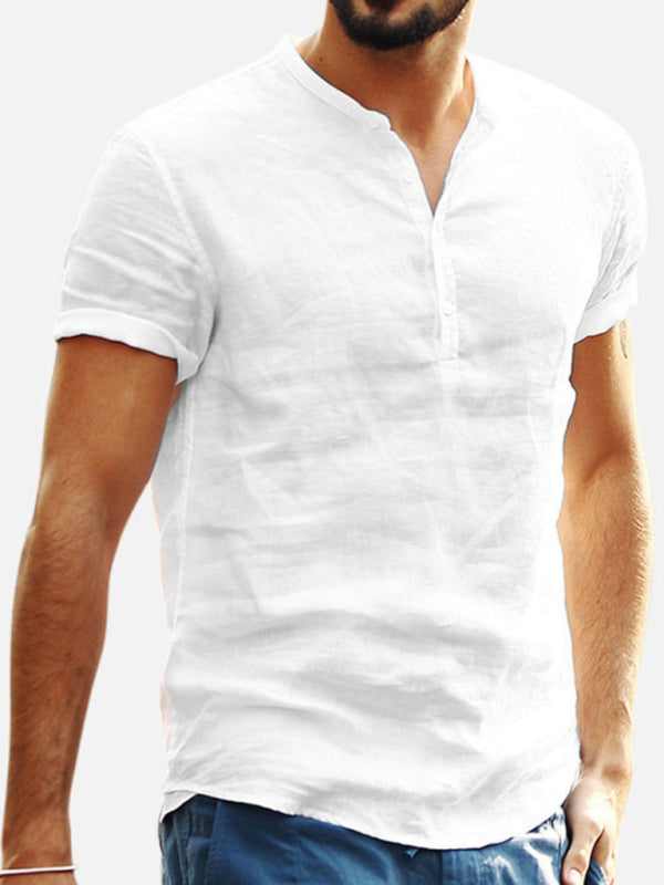 Camisa de lino y algodón con cuello alto y manga corta con escote en V para hombre 